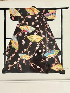 lot 227 image: Artist Signed Black with Golden Fans Kimono Framed Artwork by KATHY MOGELSON
