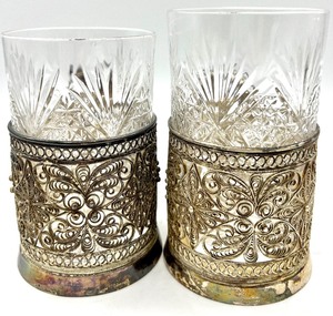 lot 108 image: Set of 4 Russian European Cut Crystal Tea Glasses with Metal Glass Holders