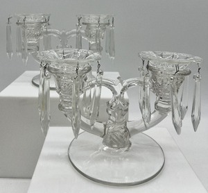 lot 354 image: Pair of Vintage INDIANA GLASS Block and Rib Candle Holders with Crystal Prism Bobeche