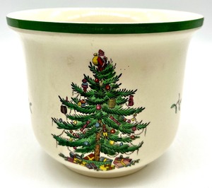 lot 8 image: Vintage SPODE ENGLAND S3324 M Christmas Tree 14 Pot, Japan Santa Pot and Wooden Hand Carved Hand Painted EXPANSION XMAS ORNAMENT with Box