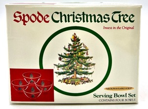 lot 30 image: Vintage SPODE ENGLAND NIB Christmas Tree Microwaveable Gold Serving Bowl Set of 4