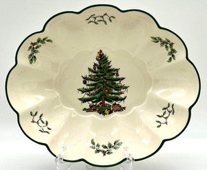 lot 40 image: Vintage SPODE ENGLAND Christmas Tree Oval Fluted Dish & Tidbit Tray in box