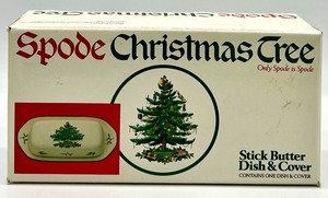 lot 42 image: Vintage SPODE ENGLAND Christmas Tree Stick Butter Dish & Cover in box
