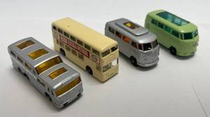 lot 20 image: Vintage MATCHBOX Lesneys No. 34 Volkswagen Caravette, No. 34, Silver Volkswagen Camper, NO. 74 Daimler Bus, No. 66 Greyhound Coach (LIKE NEW CONDITION)