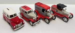 lot 82 image: Four Ertl Brand Die-Cast Banks 3 Ben Franklin 1 Hardware Hank (ALL HAVE KEYS)