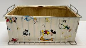 lot 94 image: RARE Vintage DISNEY Metal And Vinyl Carry BasketToy Bin 18L x 11D x 7 34T With Folding Handles