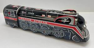 lot 100 image: Vintage 1960s Modern Toys Japan Battery Operated Tin Litho Bump-N-Go Silver Streak Train VERY CLEAN