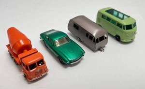 lot 118 image: Vintage MATCHBOX Lesneys No.25 Bluebird Dauphine Trailer, No. 26 Foden Cement Mixer, No.75 Ferrari Berlinetta, & No. 34 Volkswagen Caravette,  (LIKE NEW CONDITION)