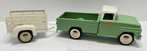 lot 212 image: 1960s Tonka Light Green And White Fleetside Farm Truck With Utility Trailer (VERY CLEAN)