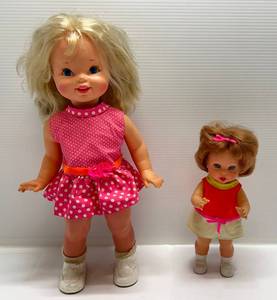lot 242 image: 1968 Mattel Swingy Doll (Works) But Head Needs Repair & 1967 Mattel Baby Small Walk Auburn Hair 11 (WORKS)