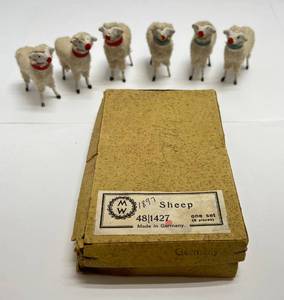 lot 284 image: VERY OLD Set Of 6 Putz Wooly Sheep Stick Leg Blue & Red Collar Made In Germany Christmas Nativity In Original Box Some Chipped Ears Present