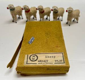 lot 285 image: VERY OLD Set Of 5 Putz Wooly Sheep Stick Leg Blue & Red Collar Made In Germany Christmas Nativity In Original Box (One Missing Collar) Some Chipped Ears Present