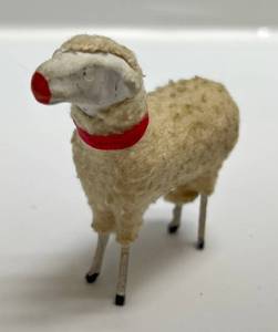 lot 286 image: VERY OLD 2.5  Putz Wooly Sheep Stick Leg  Red Collar Made In Germany Christmas Nativity Chipped Ear Present