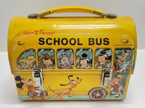 lot 287 image: 1968 Aladdin Walt Disney School Bus Dome Top Lunch Box Jiminy, Dumbo, Bambi, Mickey & More With Decorative Stickers Inside