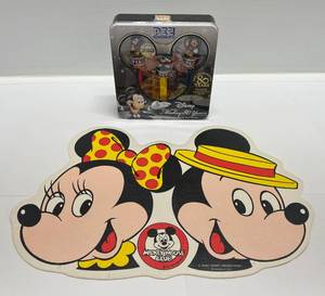 lot 288 image: Vintage Mickey & Minnie Mickey Mouse Club Placemat & 2007 Disney Mickey 80 Years Pez Collectible (Sealed)