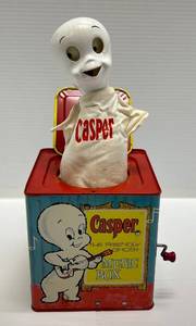 lot 296 image: 1959 Mattel CASPER THE FRIENDLY GHOST Music Box BABY HUEY, KATNIP, HERMAN, LITTLE AUDREY, BUZZY On Side Graphics (Crack In Caspers Head) Eyes Wiggle