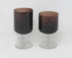 lot 3 image: MCM Iittala Finland Senator  3 Water 7 footed wine glasses in textured brownamber glass