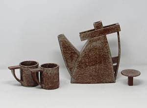 lot 15 image: Modern Artisan Hand-Crafted Tea Pot with 2 Cups - Artist Signed - Elegant Tea Set