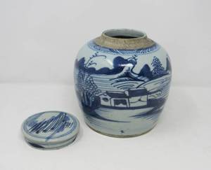 lot 45 image: Antique Chinese Chinoiserie Blue & White Water, Mountain & Plant Motif Temple  ceramic Ginger jar