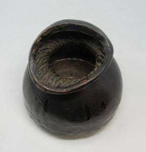 lot 51 image: Handmade studio Pottery abstract Vessel with raised foot and asymmetrical opening
