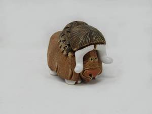 lot 79 image: 3 piece group Signed Ox, Caribou, Wolf  Artesaria Rinconada Silver Anniversary Series by Uruguayan Artist