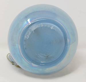 lot 166 image: Fenton Opalescent blue Floral Vase with handle 6 x 4 