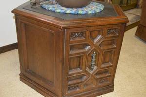 lot 12 image: Decorative Wooden Hexagon Side TableCabinet