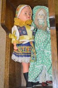 lot 20 image: 2 Vintage Baby Dolls with Wooden Rocking Cradle