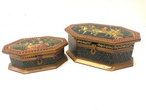 2 Antique Hand Painted Octagonal India  Mughal Wood Boxes