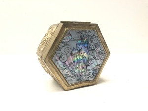 Antique Chinese Silver Hexagonal Box wEtched Mother of Pearl Top