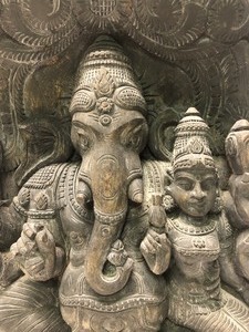 Antique Carved Wood Stele Monument - Ganesh wAttendant&nbsp