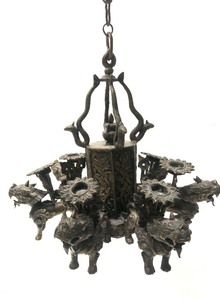 Amazing Antique ChineseTibetan Hanging Bronze Candle Lamp wFoo Dogs&nbsp