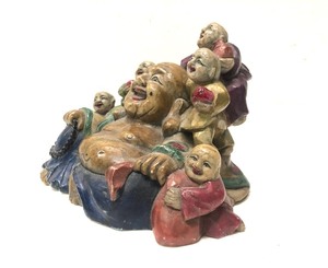 Excellent Antique Carved Stone Smiling Buddha Figural Group wChildren