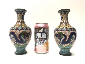 Matching Pair of Antique Chinese Cloisonne Vases wDragons