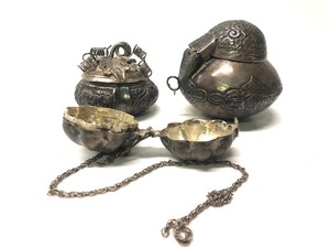 3 Old Nepalese or Tibetan Silver Lidded Vessels  Boxes
