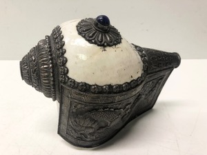 Highly Detailed Antique Tibetan Silver Conch Shell Trumpet Instrument