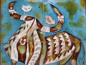 Signed Mid Century Japanese Enameled Art Pottery Tile Wall Plaque