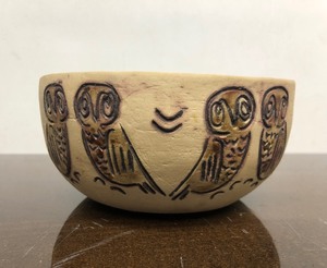 Excellent Sign Mid Century Art Pottery Bowl wOwls