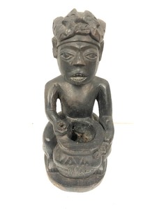 Old African Carved Wood Shaman Type Figure wRitual Bowl&nbsp