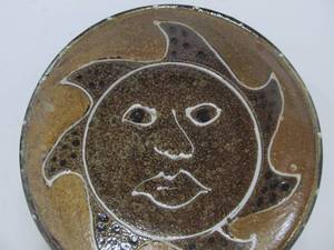 Signed Vintage Mid Century Art Pottery Plate wSun Face - Morris Pottery