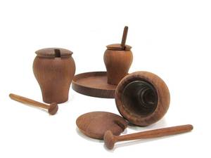 NOS Unused Mid Century Denmark Teak Condiment Jars wMatching Tray