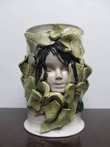 Lovely Art Pottery Vase - Face Emerging from Leaves - Frog Creek Pottery - Lisa Dolezal