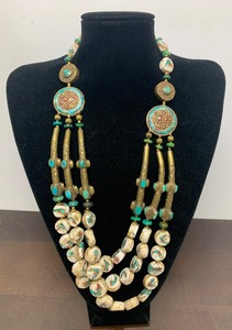 Beautiful Old Oriental Brass & Turquoise Necklace w Inlaid Bone Beads