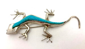Vintage Inlaid Sterling Silver Gecko Brooch Pin w Turquoise