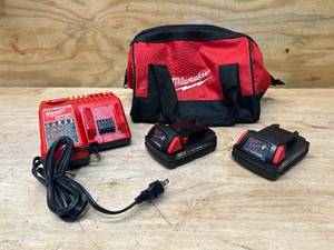 MILWAUKEE M12M18 Battery Charger with 2 M18 Red Lithium CP1.5Ah Batteries and Tool Bag