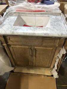 Home Decorators Collection Aberdeen 30 in. W x 22 in. D x 34.5 in. H Single Sink Bath Vanity in Antique Oak with Carrara Marble Top  Customer Returns See Pictures
