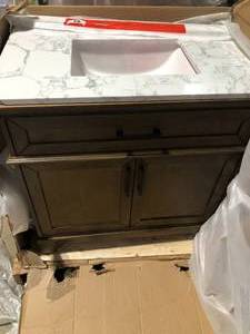 Home Decorators Collection Cherrydale 36 in. W x 22 in. D x 34.5 in. H Single Sink Bath Vanity in Almond Latte with White Engineered Marble Top Marble Corner Broken Customer Returns See Pictures