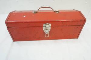 lot 48 image: Red Tin Tool Box with Items