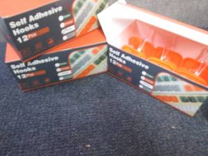 lot 142 image: 3- 12 pks Adhesive Hooks, 2 Orange,...
