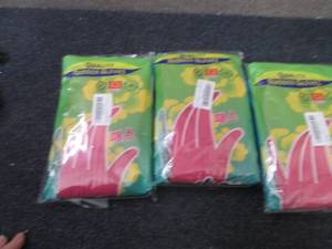 lot 334 image: 3- 2pks Long Pink Rubber Gloves Med...